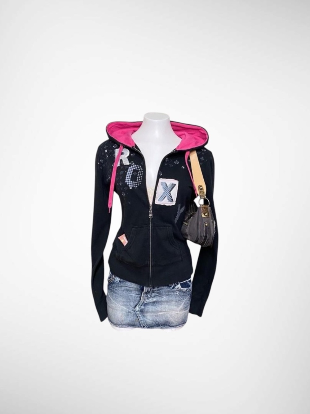 Y2K Roxy Graphic Hoodie | Black & Pink Contrast Hood Skater Trashy